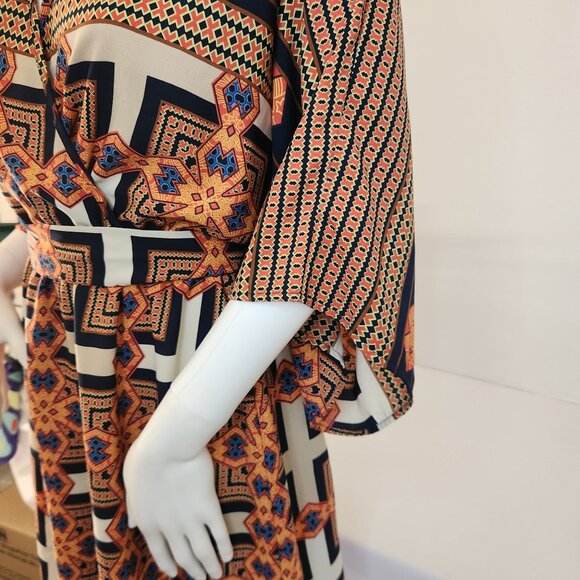 Geometric Print Kimono Sleeve V-Neck Mini Dress wit Tie Waist By Peach Love - Picture 3 of 8